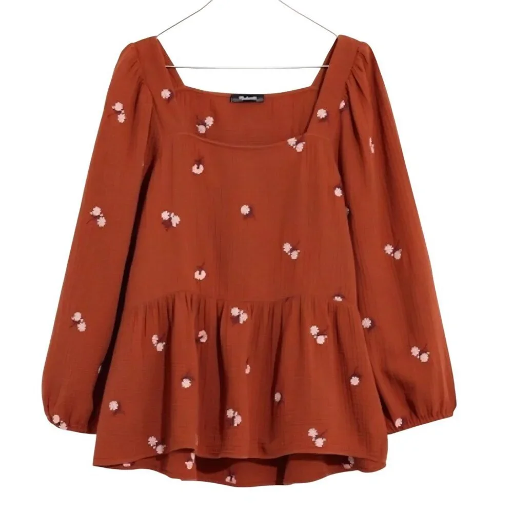 Madewell Amie Floral Embroidered Lightspun Millbrook Puff Sleeve Top Size XS